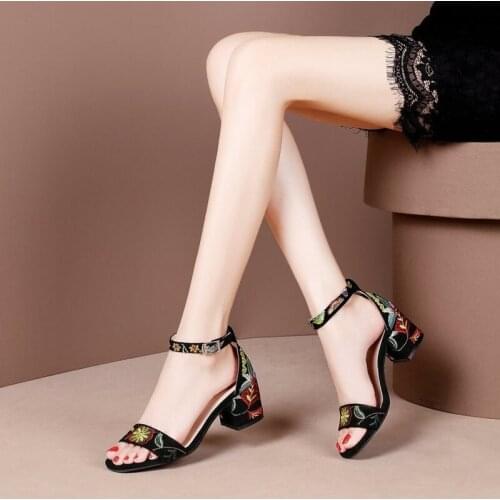 Summer Women Sandals Embroider Ankle Strap Sandal High Heels Dress Shoes Flower Ladies Shoes Sandalias zapatillas mujer