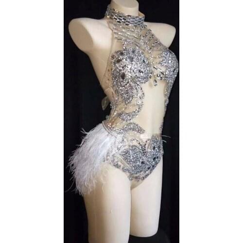Sexy New Sparkly Silver Crystals Mesh Bodysuit Feather Leotard Outfit Women Bar Dance Stage Party Dance Celebrate Costumes