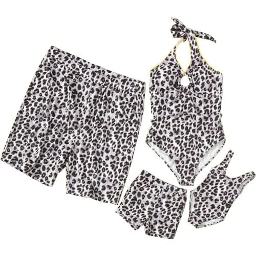 Family Matching Outfits Mom Daughter Swimsuit Father Son Swim Shorts Bikini Mommy And Me Clothes Beach Leopard Family Swimwear
