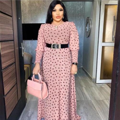 African Print Polka Dot Maxi Dresses Women Long Sleeve Chiffon Dress Underdress 2 Pieces Set New Muslim Fashion Evening Gowns