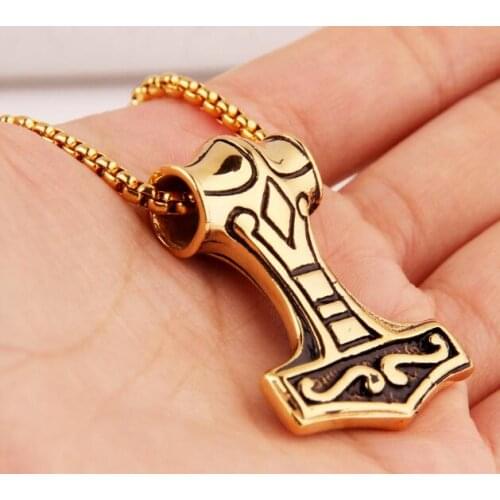 Vintage Punk Jewelry 30*44mm Biker Thor Hammer Pendant 316L Stainless Steel Gold Rolo Chain Boy Men Necklace Gifts 24