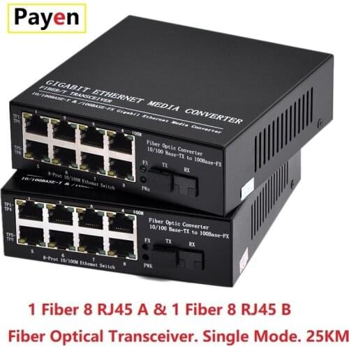 1 pair 100M 1 Fiber port Optical Media Converter Single Mode 25KM 8 RJ45 Ports Fibre Optical Transceiver