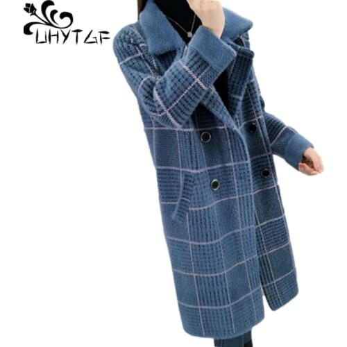 UHYTGF Mid-Length Autumn Winter Sweater Jacket Women Fashion Plaid Double Breasted Cardigan Female Loose 3XL Plus Size Coat 1970