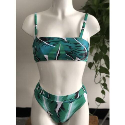 2020 new Bikini strapless, green leaf print, high waist sexy split swimsuit 2 piece swimsuit women girls swimwear swim suit
