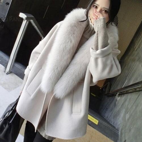 2020 Winter Women Natural Fox Fur Collar Double-Sided Wool Coat with Plush Cuffs Female Thickening Warm Overcoat