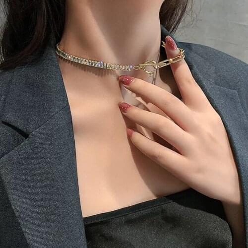 2021 High Quality Square CZ Linked Baguette Cubic Zirconia Half Open Link Chain Mixed Toggle Clasp Trendy Women Choker Necklace