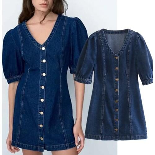 Jenny&Dave Dresses Women England Style Single Breasted V-neck DenimWomen Vestidos High Street Vintage Puff Sleeve Sexy Mini