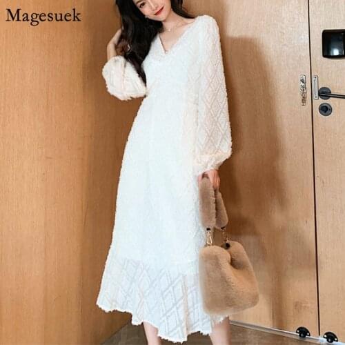 New Fashion V-neck Pleated Autumn Dress Women Puff Sleeve Vintage White Dress Elegant Tassel Sexy Dresses Women Vestido 11901