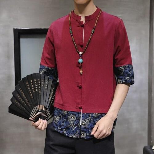 #8111 Asymmetrical Long Cotton Linen Shirt Men Mandarin Collar False Two Piece Chinese Style Vintage Half Sleeve Shirt For Men