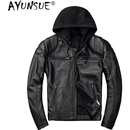 AYUNSUE Genuine Leather Jacket Men Hooded Spring Autumn Motorcycle Real Cow Leather Coat Plus Size Cowhide Jackets KJ2907