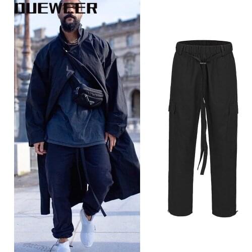Dueweer Men Dark Green Cargo Joggers Pants Vintage Hip Hop Ribbons Reverse Wear Sweatpants Side Pockets Loose Casual Trousers