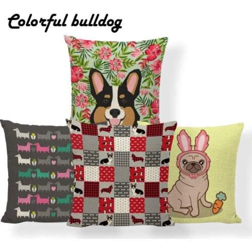 Dog Corgi Flower Cushion Cover Buffalo Plaid Dachshund Pug Pillowcase Lounger Chair For Living Room Throw Pillows 43X43Cm Linen