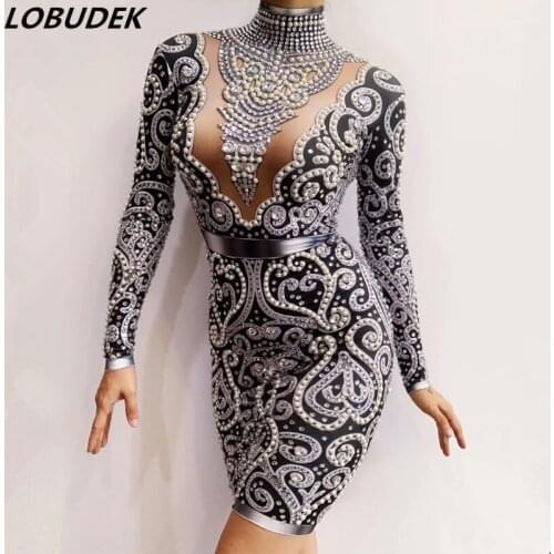 Black Beading Shiny Rhinestones Skinny Short Dress Women Birthday Celebrate One Piece Fashion Evening Party Host Stage Clothes