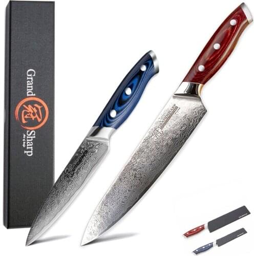 Grandsharp 2 Pcs Knife Set Damascus Kitchen Knives 67 Layers vg10 Japanese Damascus Knives Chef Utility Damascus Knife Gift Box