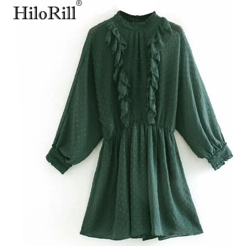 HiloRill Women Dot Embroidery Green Mini Dress Female Lace Mesh Ruffles A Line Party Dress Batwing Long Sleeve Vintage Dresses