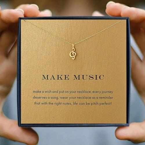 Icareu Classic Letter Music Note Pendant Necklace Gold Color Preserving Short Chain Korean Alloy Clavicle Wish Card Gift Box