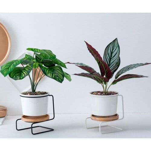 Original Design Ceramic Flower Pots with Iron Metal Rack Bamboo Holder Planters for Succulent Plants Home Gardening Decoration