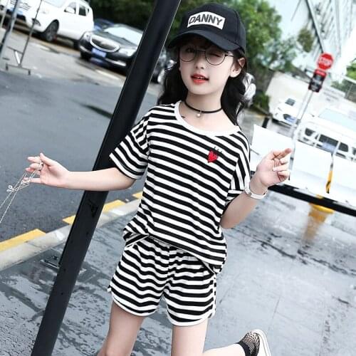Summer Kids Girls Clothing Sets Short-sleeved T-Shirt+Shorts 2 Pcs Children Clothes Tracksuit Striped Girls Casual Sports Suit