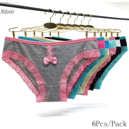 Mafurier 2019 Women New Style Sexy Underwear Female Cotton Panties MS Lady Sexy Bow Soft Briefs Lace Knickers For Women 6Pcs/Lot