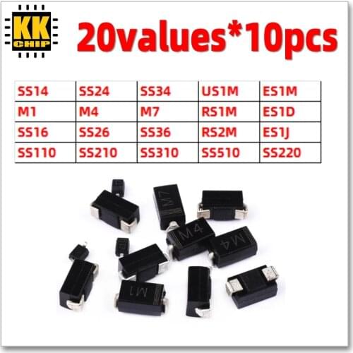200pcs/lot M1 M4 M7 SS34 SS14 SS24 RS1M US1M SS36 SS26 RS2M SS110 SS16 ES1J ES1D ES1M SS220 SS210 SS330 SS510 Schottky Diode KIT