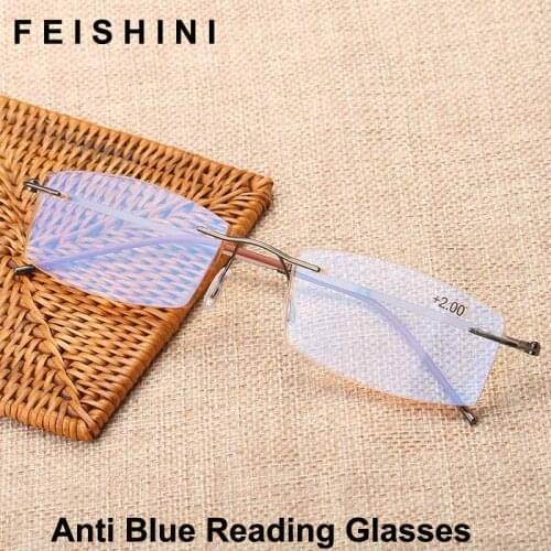 Feishini Anti Blue Rays Tinted Lenses Computer Rimless Reading Glasses Men Stainless Steel Diopter Presbyopic Eyeglasses Square