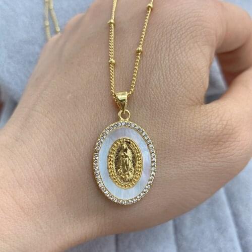 Oval Metal Shell Zircon Virgin Mary Guadalupe Pendant Necklace Blessing Jewelry For Women