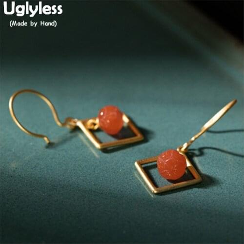 Uglyless Pretty Pumpkin Color Agate Lotus Dangle Earrings Women Gold Plated Hollow Square Earrings Real 925 Silver Bijoux E1363