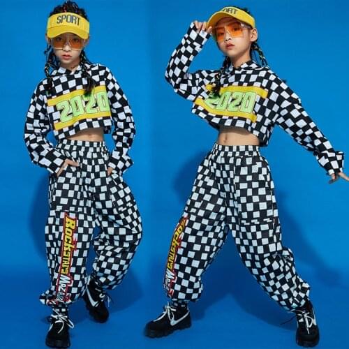 Kids Concert Hip Hop Clothing Plaid Crop Tops Sweatshirt Hoodie Streetwear Pants For Girls Concert Jazz Dance Costume Clothes