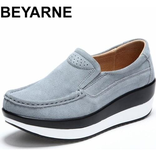 BEYARNE 2018 Summer Hole Shoes Woman Cow Suede Leather Flat Platform Women Shoes Slip On Womens Loafers Thick Soled Female Shoe