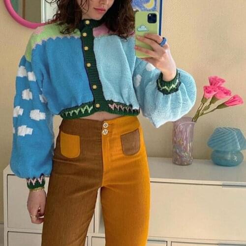 Autumn Fashion Cardigan Sweater 2021 Casual Contrast Color Round Neck Slim Fit Sweater Women Drawstring Lantern Sleeve Cardigan