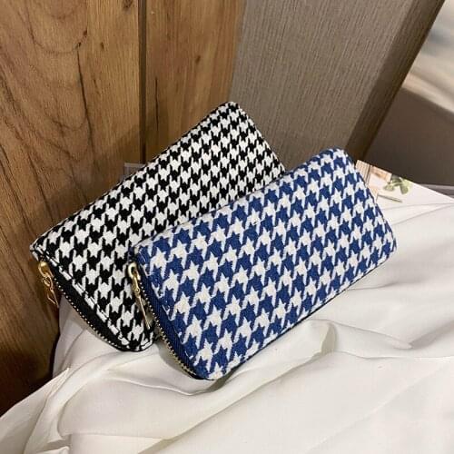Europe and United states Houndstooth women wallet Textile cloth Zipper Long Wallet ID Card Money Holder Womens Clutch