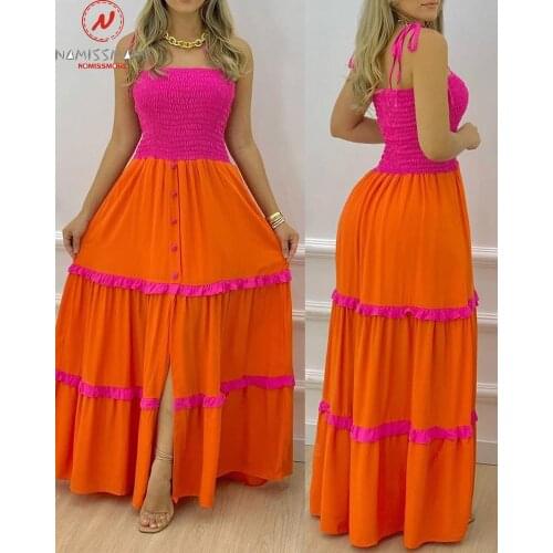 Sexy Women Summer Long Dress for Streetwear Shrinkage Design Button Ruffles Decor High Split Sling Sleeveless Strapless Dress