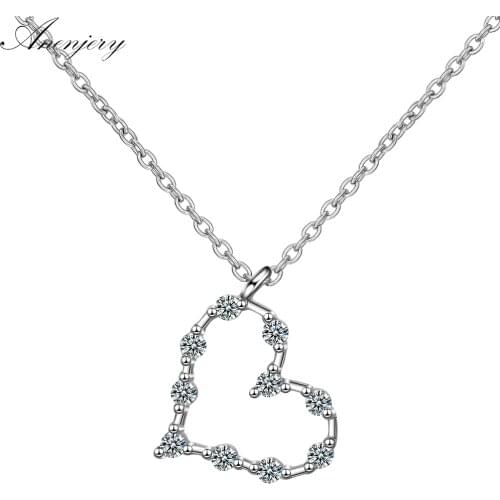 ANENJERY 925 Sterling Silver 3 Colors Hollow Zircon Love Heart Necklace For Women Clavicle Chain Necklace S-N319