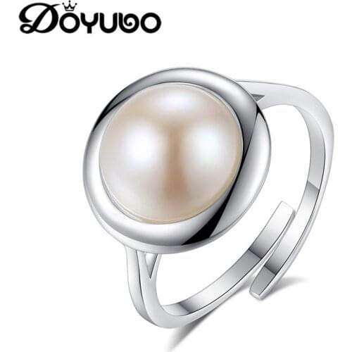 DOYUBO Women Fashion Silver Pearl Ring Antique 925 Sterling Silver Freshwater Pearl Rings Jewelry Adjustable Wedding Ring VB332
