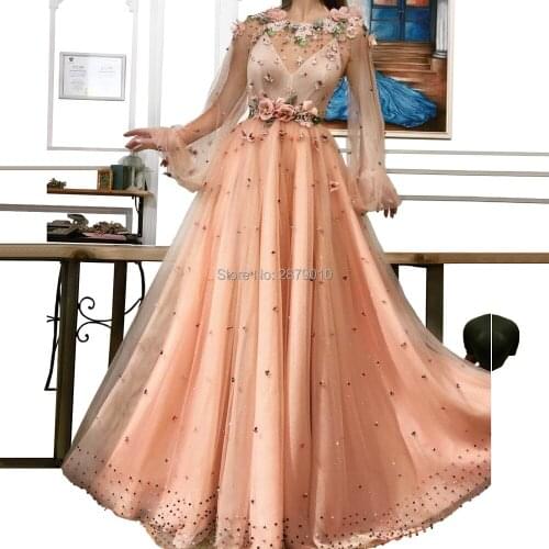 2020 Orange A-Line V-Neck Long Evening Dress Floor-Length Women Dress Tulle Appliques Beaded Pearl Prom Dress Formal Dress