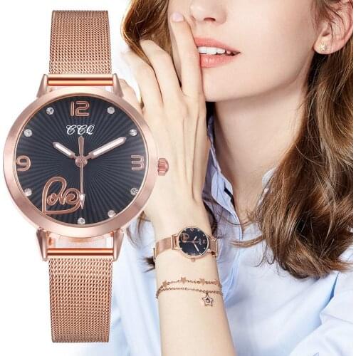 100pcs/Lot CCQ Female Mesh Belt Watch Women Fashion Heart Pattern Bracelet Watch Elegant Arabic Numerals Ladies Watches Relogio