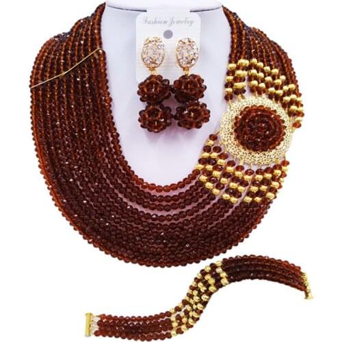 ACZUV Nigerian Wedding Necklace Brown African Beads Jewelry Set for Women 10C-DBPH005