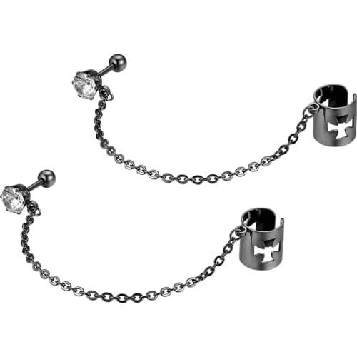 Boniskiss Cross Tassel Chains Ear Cuff Stainless Steel Earrings For Women Man Gothic Punk Style Cross Pendant Clip Earrings