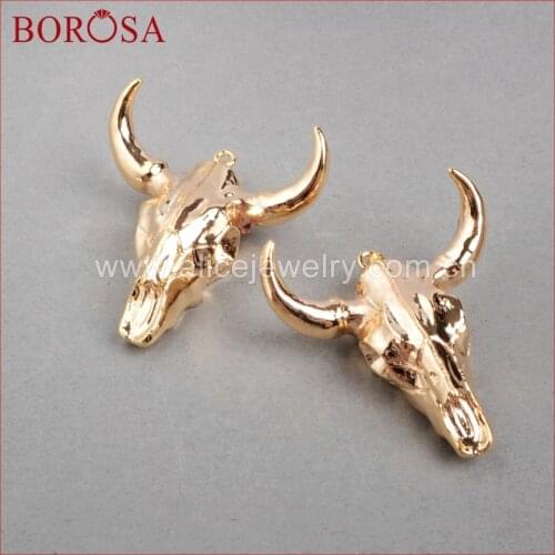 BOROSA buffalo Head with Full Gold Color Bull Cattle Bead Longhorn Resin Horn Cattle Pendant for Jewelry Accessories G0843