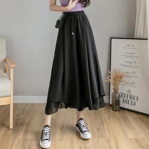 Chiffon Women Pants Summer Straight High Waist Wide Leg Pants Black Thin Culottes 2021 New Female Nine points Casual Trousers