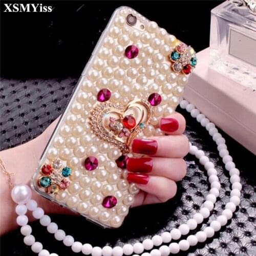 XSMYiss For Samsung S6 S7 S8 S9 S10 PLUS S10 Lite Note5 8 9 Pearl Case Luxury Bling Rhinestone Diamond Crystal Soft Cover Case