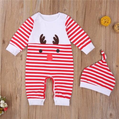 2 Piece Set Baby Christmas Outfits Cartoon Deer Pattern Stripes O-Neck Long-Sleeves Jumpsuit + Hat Suit for Toddlers Girls Boys