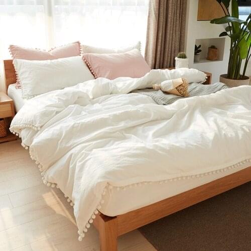 Pink Bedding Sets With Pom Ball Solid Color White Boho Pillowcase Comfortable Microfiber Fabric Queen King Duvet Cover
