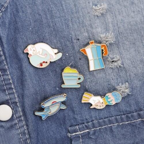 Creative Shark Cat Icecream Tea Teapot Enamel Pin Brooch Bag Clothes Lapel Pin Badge Cartoon Animal Jewelry Gift for Kids Friend