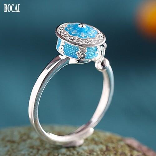 BOCAI NEW real s925 pure silver jewelry womens Buddhism six-character mantra burnt blue prayer wheel woman ring