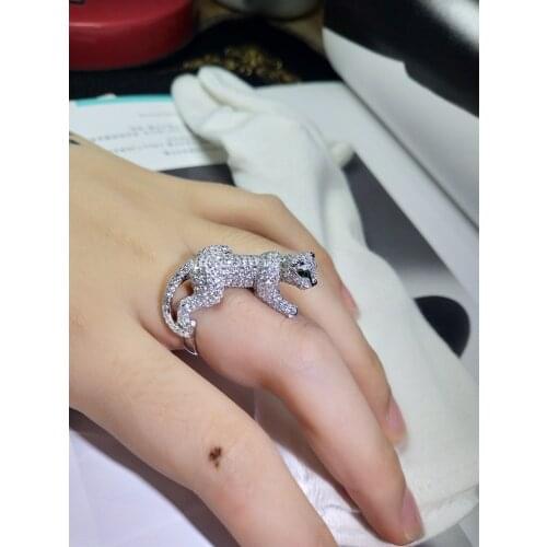 New fashion design full of cubic zirconial panther ring 3D green eyes leopard tiger eyes ring