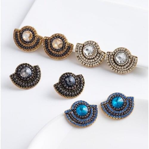 New Retro Geometric Semicircular Earrings Full Rhinestone Short Crystal Stud Earrings for Women Jewelry