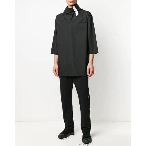 Original design of large size mens loose collar splicing medium sleeve thin shirt