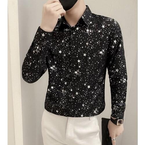 2021 Star Print Mens Shirt Autumn Long Sleeve Casual Shirts Slim Streetwear Social Party Nightclub Clothing Camisas Para Hombre