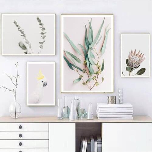 Self-adhesive Wall Stickers Plants Leaves King Protea Flowers Painting Wall Art Posters Home Decor Wallpapers Room Decoration